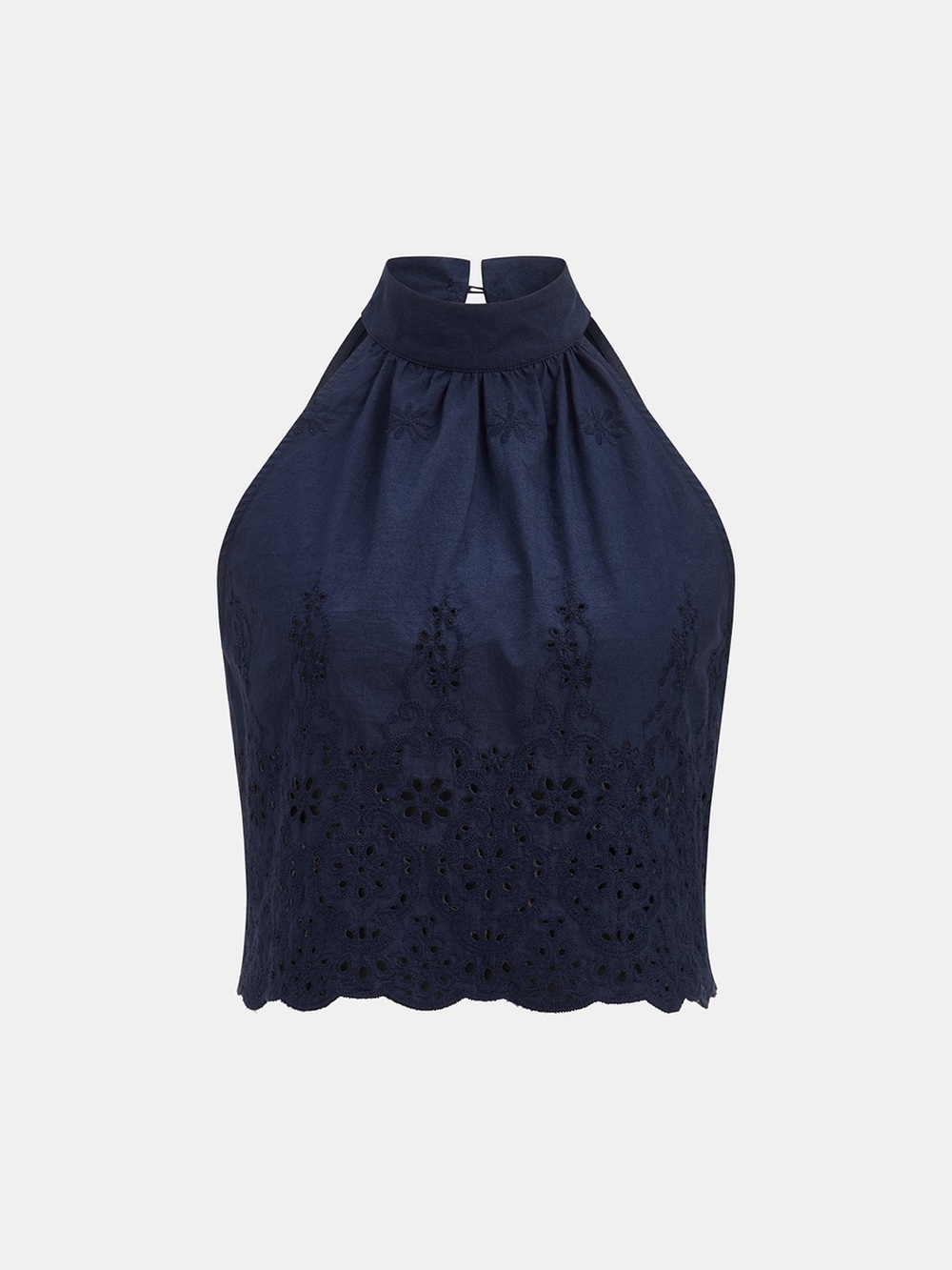 COMMENSE Eyelet Embroidered Cotton Halter Top & Tie-Cuff Pants Set Navy Sm NWT - Picture 4 of 15